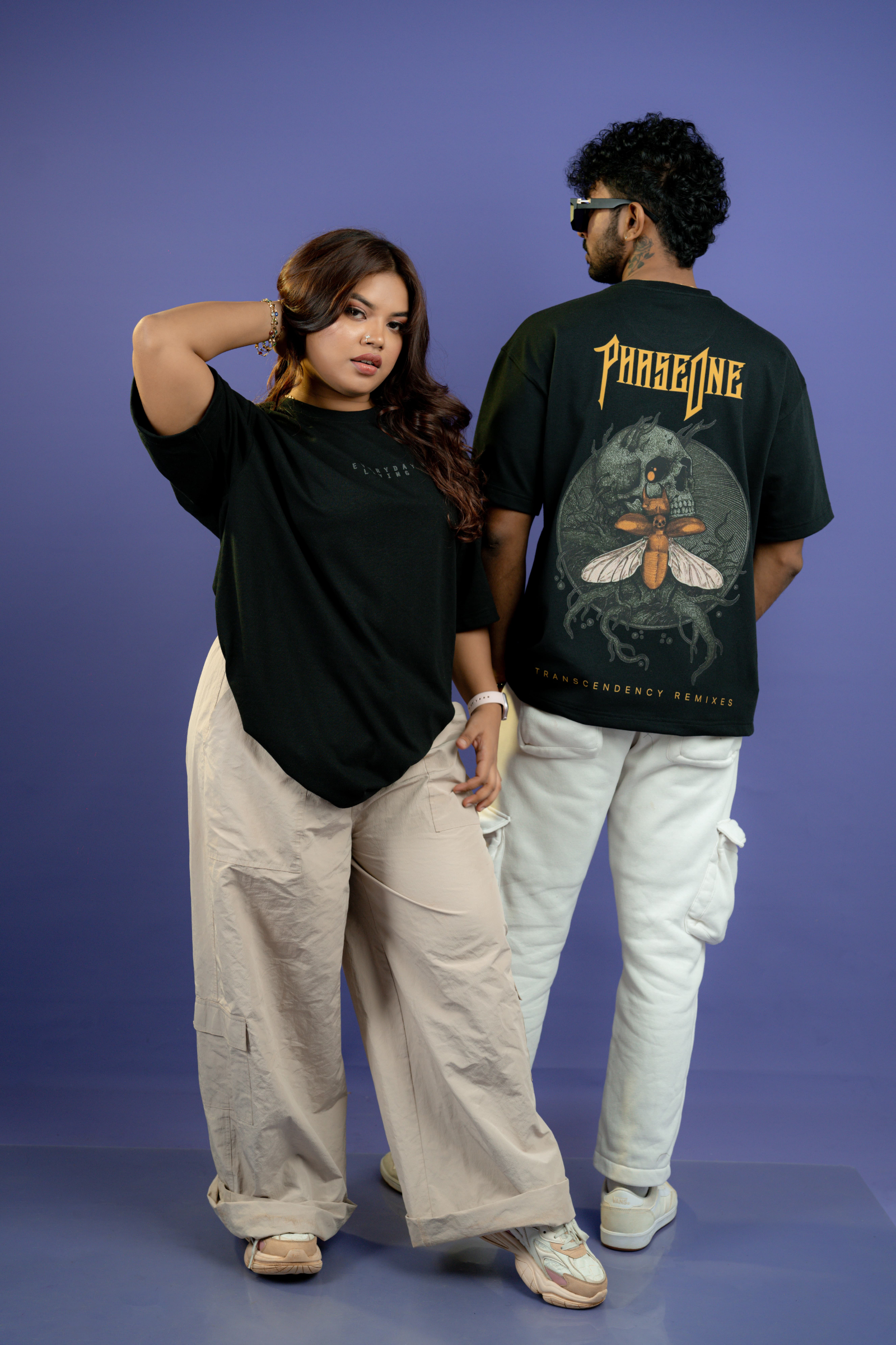 PHASEONE print black oversized unisex t-shirt