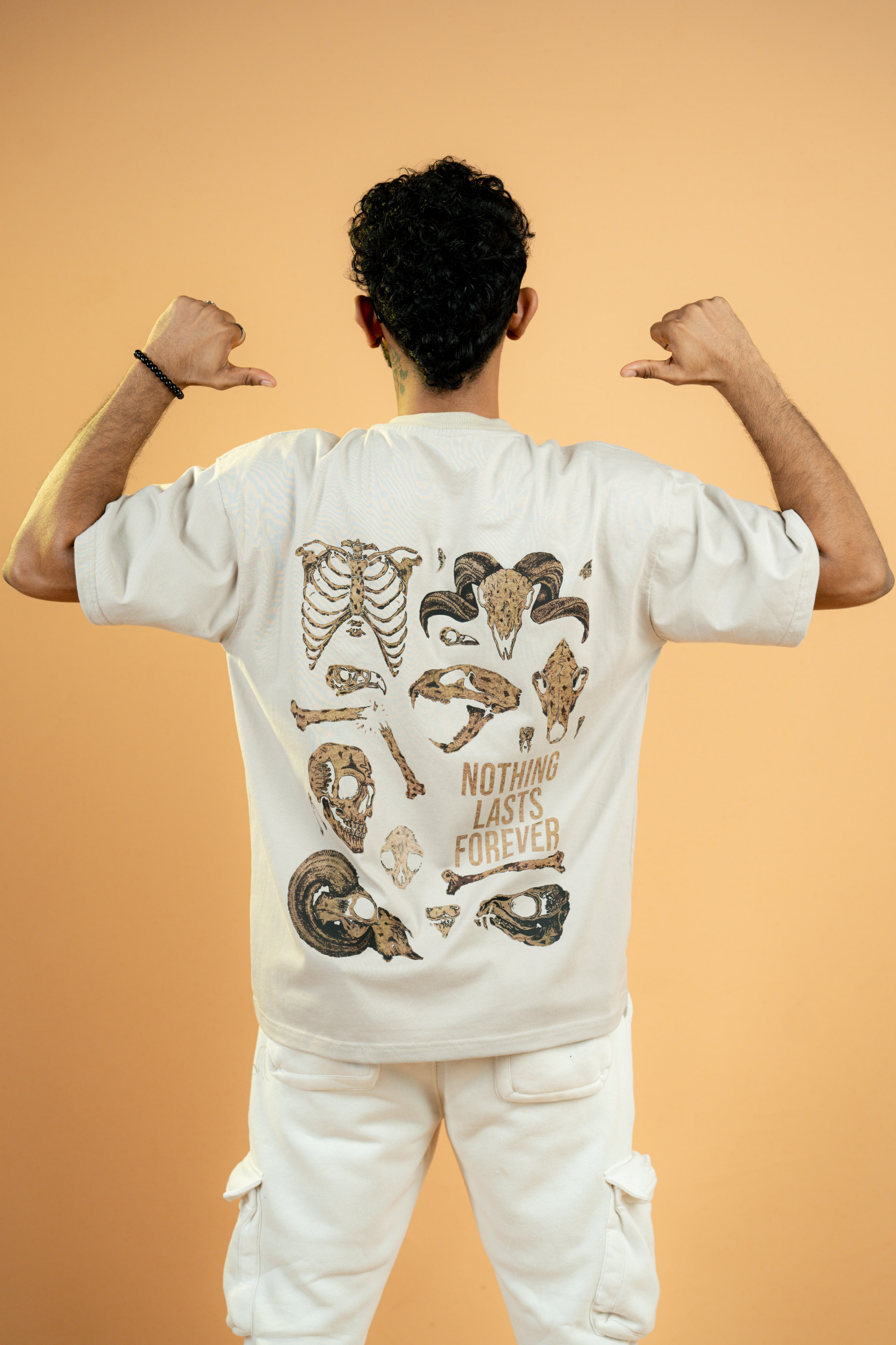 Human bones print beige oversized unisex t-shirt